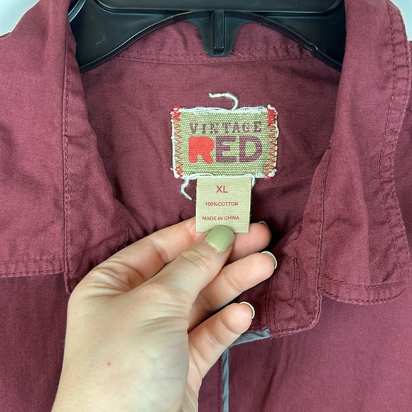 Vintage RED | Men’s L Large Cotton Maroon Grey Trim Long Sleeve Shirt Button - Picture 5 of 6